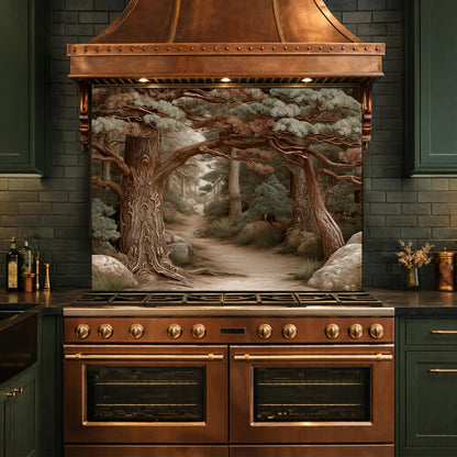 Mystic Forest Path Backsplash, Copper Look Ancient Trees Wall Panel, Nature Decor, Custom Size