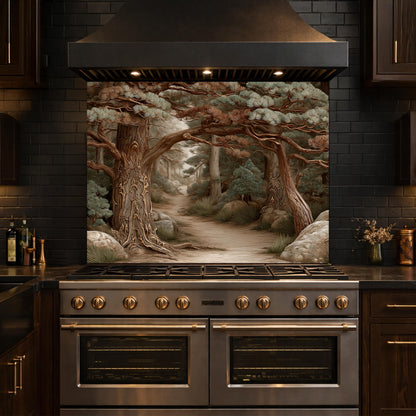 Mystic Forest Path Backsplash, Copper Look Ancient Trees Wall Panel, Nature Decor, Custom Size