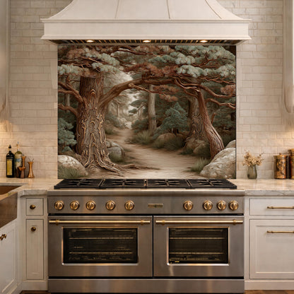 Mystic Forest Path Backsplash, Copper Look Ancient Trees Wall Panel, Nature Decor, Custom Size