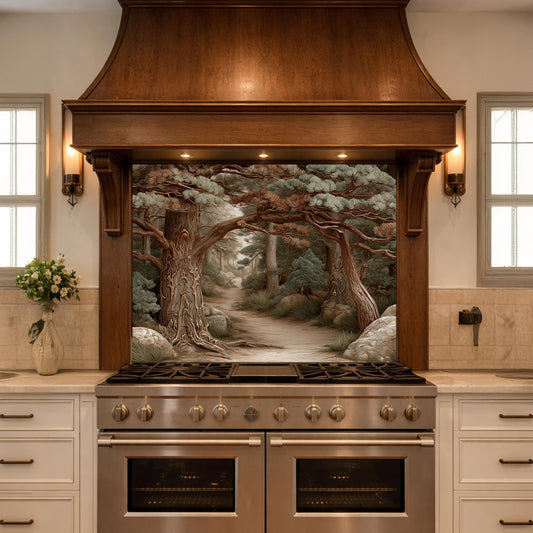 Mystic Forest Path Backsplash, Copper Look Ancient Trees Wall Panel, Nature Decor, Custom Size