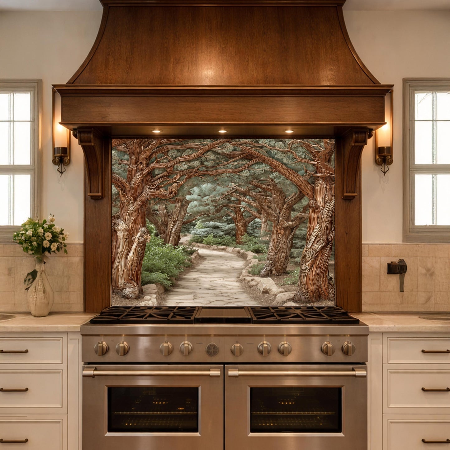 Enchanted Forest Path Backsplash, Copper Look Curved Trees Wall Panel, Nature Decor, Custom Size