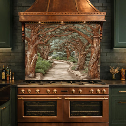Enchanted Forest Path Backsplash, Copper Look Curved Trees Wall Panel, Nature Decor, Custom Size