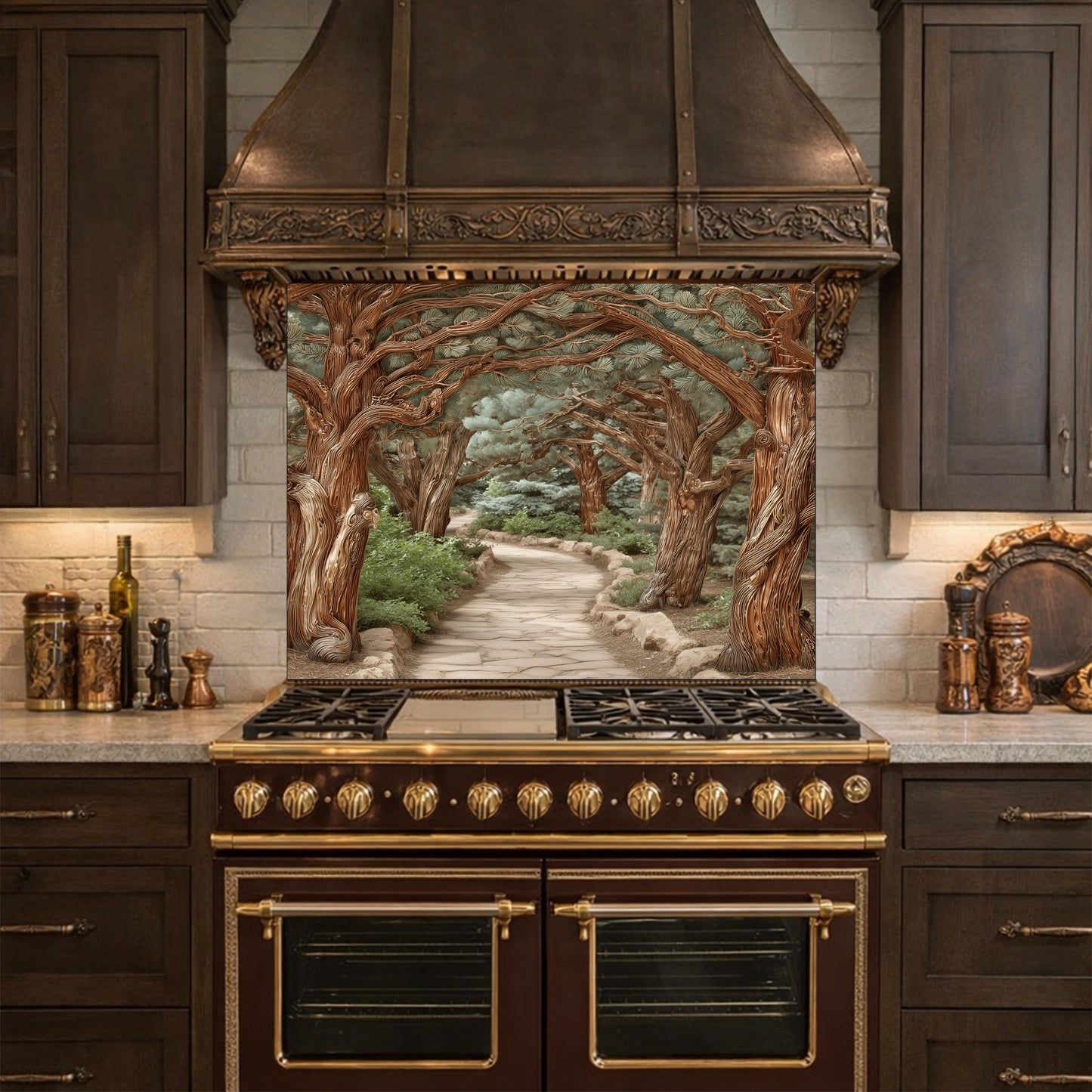 Enchanted Forest Path Backsplash, Copper Look Curved Trees Wall Panel, Nature Decor, Custom Size