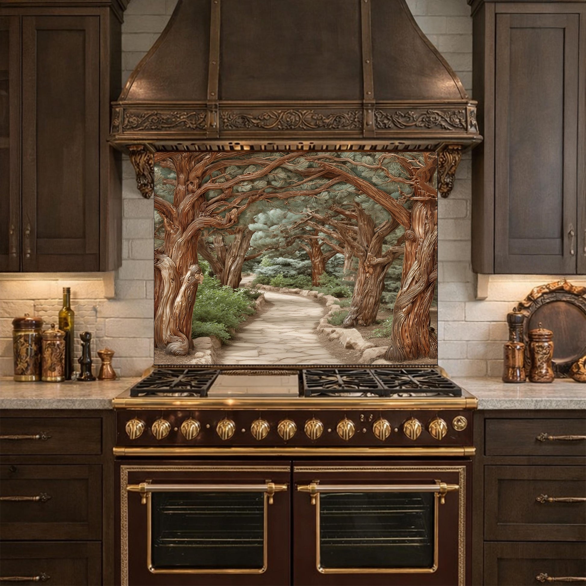 Enchanted Forest Path Backsplash, Copper Look Curved Trees Wall Panel, Nature Decor, Custom Size
