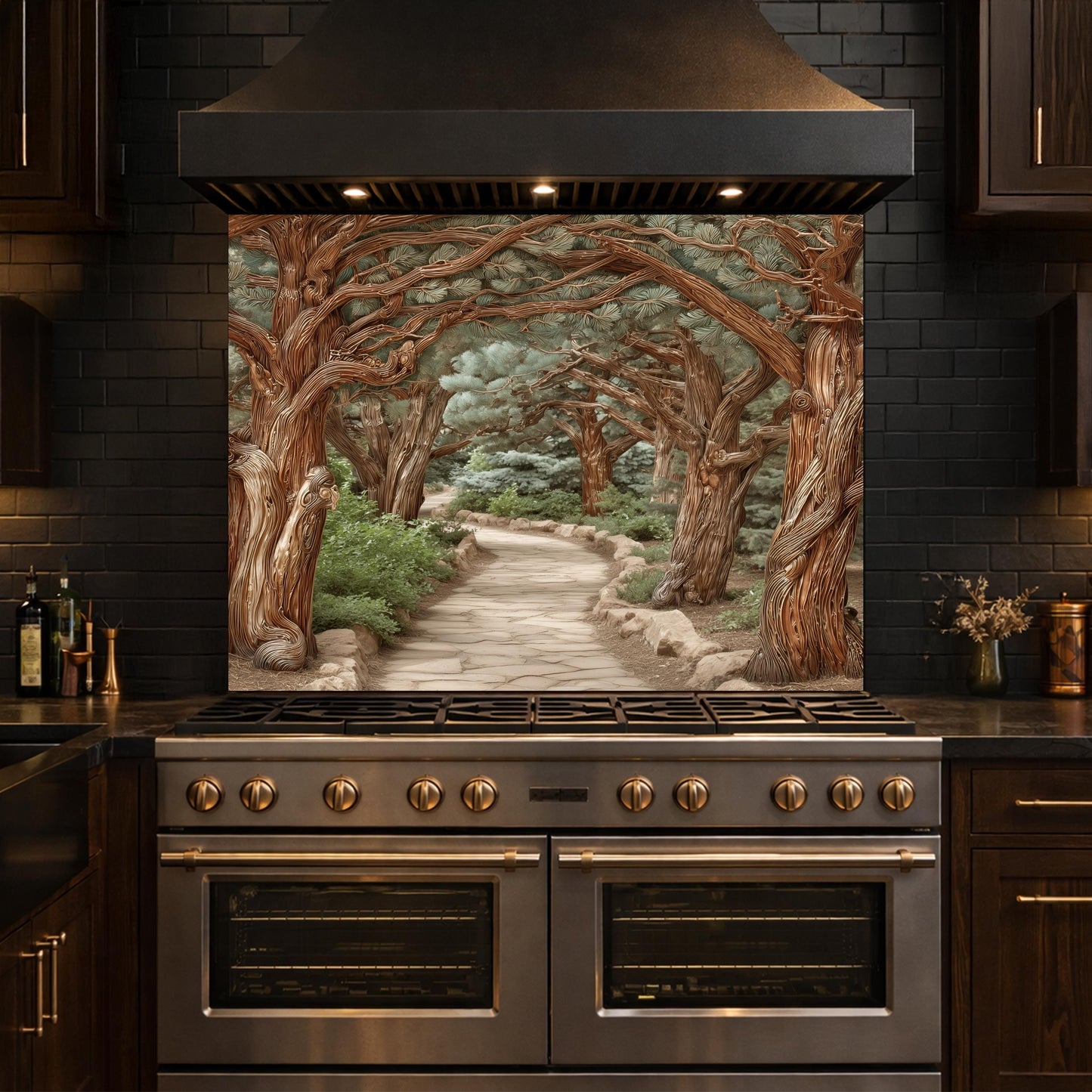 Enchanted Forest Path Backsplash, Copper Look Curved Trees Wall Panel, Nature Decor, Custom Size