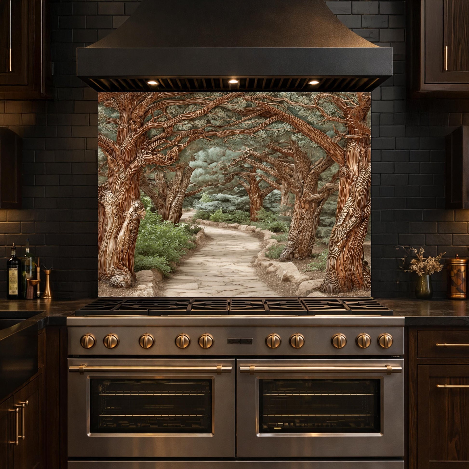 Enchanted Forest Path Backsplash, Copper Look Curved Trees Wall Panel, Nature Decor, Custom Size