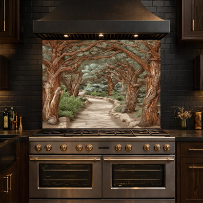 Enchanted Forest Path Backsplash, Copper Look Curved Trees Wall Panel, Nature Decor, Custom Size