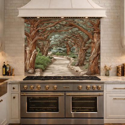 Enchanted Forest Path Backsplash, Copper Look Curved Trees Wall Panel, Nature Decor, Custom Size