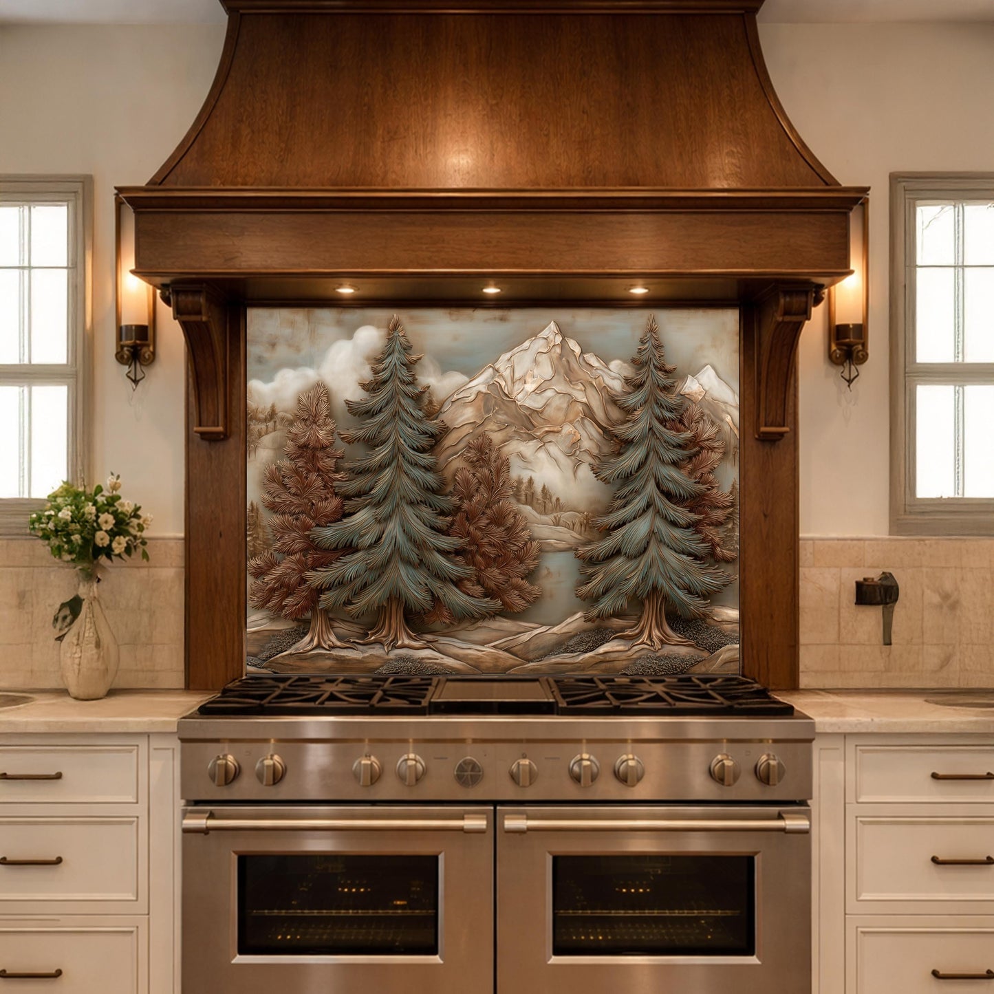 Alpine Pine Forest Backsplash, Copper Look Mountain Landscape Wall Panel, Custom Size
