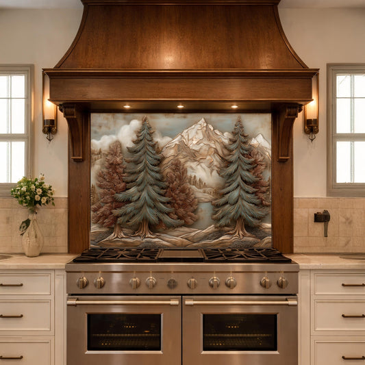 Alpine Pine Forest Backsplash, Copper Look Mountain Landscape Wall Panel, Custom Size