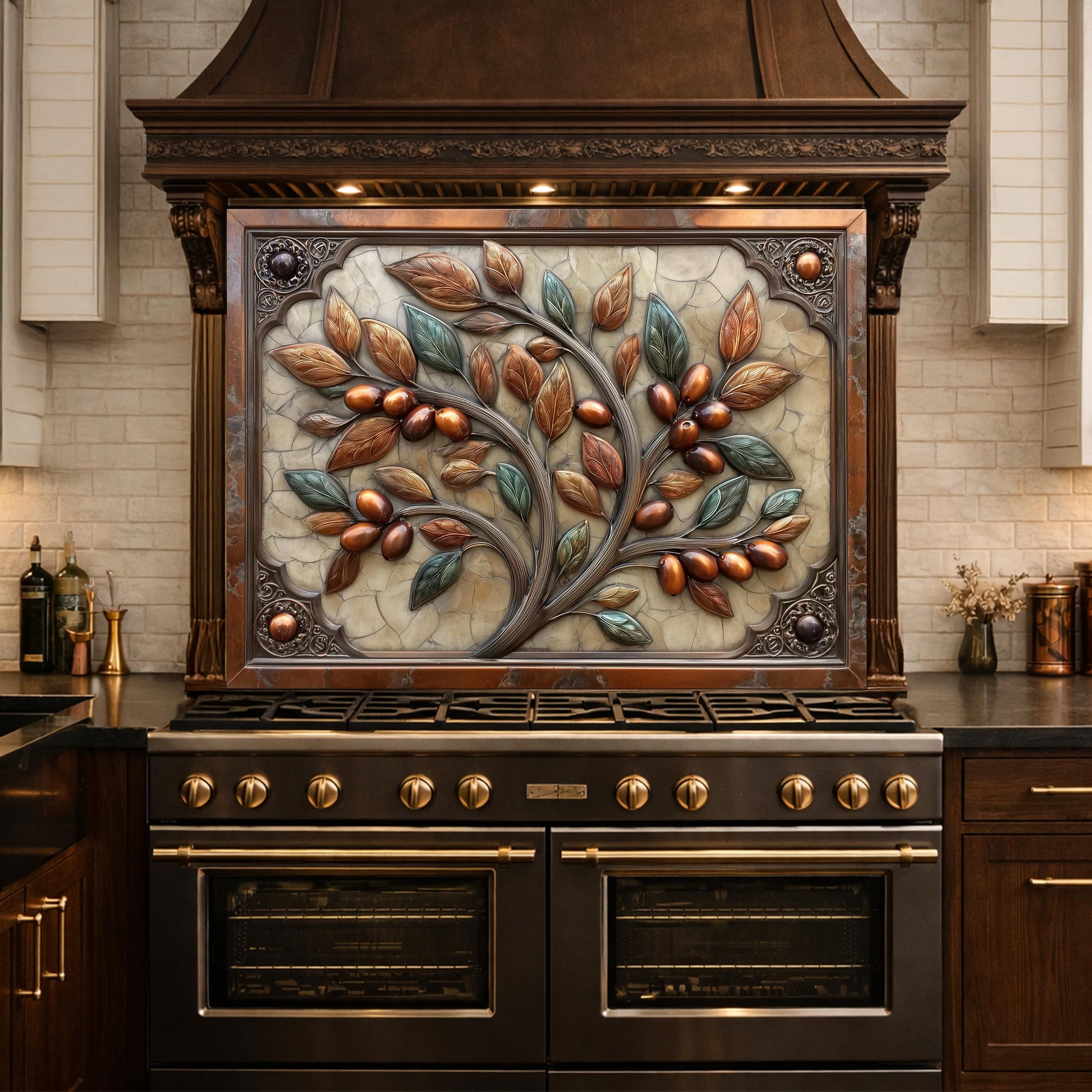 Rustic Olive Tree Backsplash, Copper Look Fruit Wall Panel, Mediterranean Kitchen Decor, Custom Size