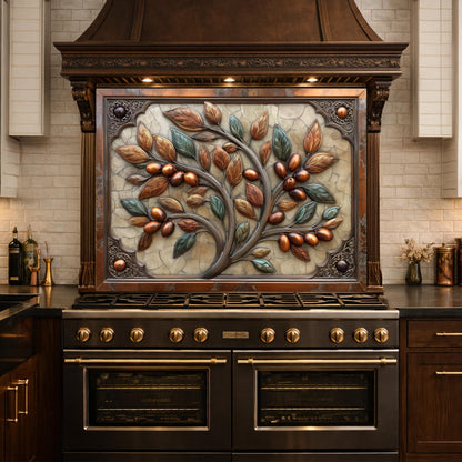 Rustic Olive Tree Backsplash, Copper Look Fruit Wall Panel, Mediterranean Kitchen Decor, Custom Size