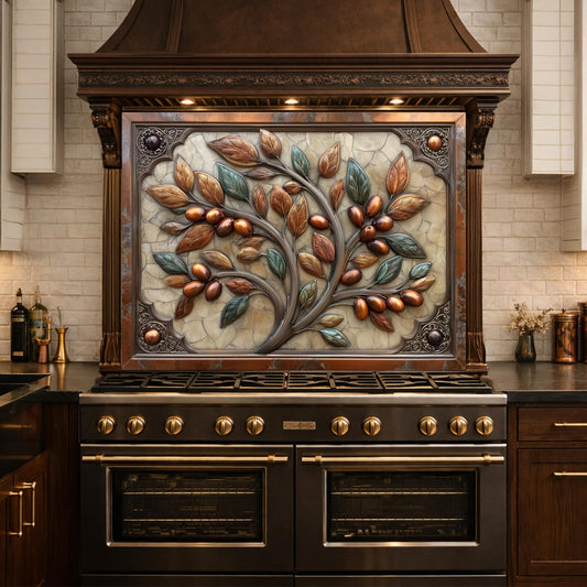 Rustic Olive Tree Backsplash, Copper Look Fruit Wall Panel, Mediterranean Kitchen Decor, Custom Size