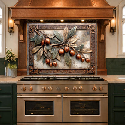 Elegant Olive Branch Backsplash, Copper Look Fruit Wall Panel, Mediterranean Decor, Custom Size