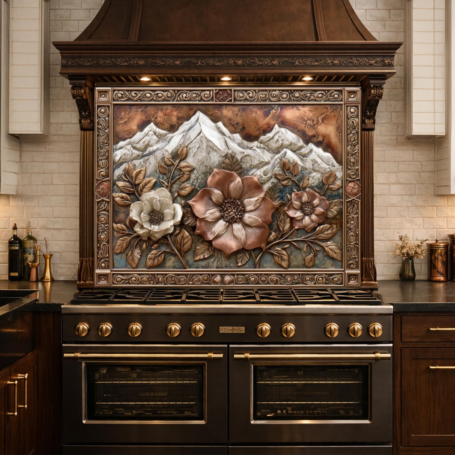Alpine Peak Blossoms Backsplash, Copper Look Mountain and Flower Wall Panel, Custom Size