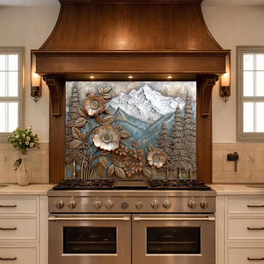 Alpine Peak Forest Backsplash, Copper Look Mountain and Flower Wall Panel, Custom Size