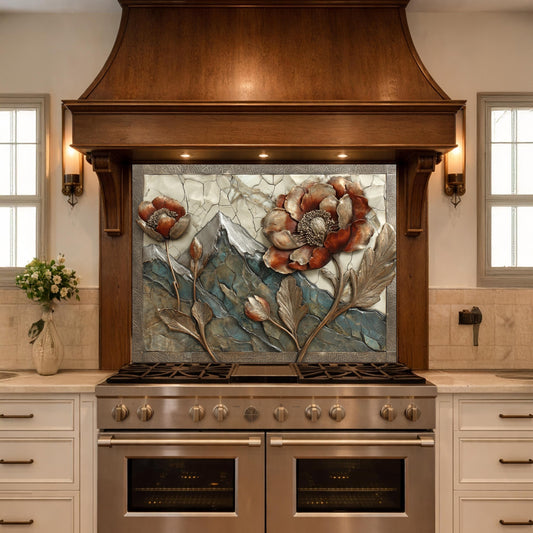 Alpine Peak Blossoms Backsplash, Copper Look Mountain and Flower Wall Panel, Custom Size