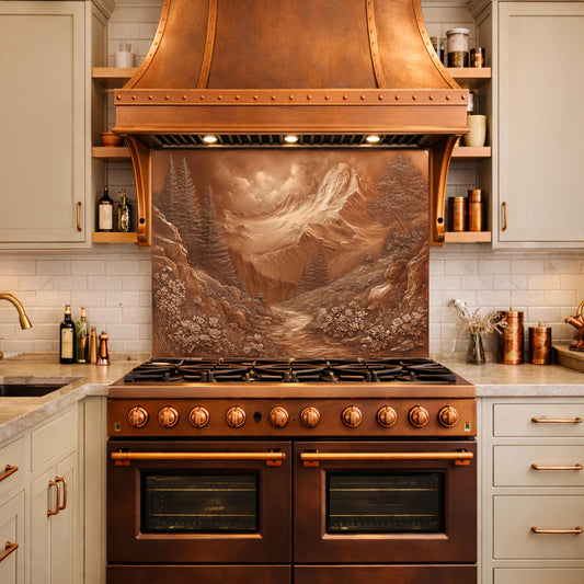 May include: A copper range hood and stove with a mountain landscape backsplash. The range has six burners and two ovens. The kitchen features light-colored cabinets and shelves with decorative items.