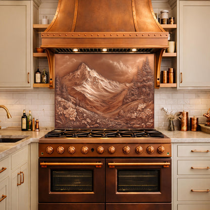 May include: A copper range hood and stove with a mountain landscape backsplash. The stove has six burners and two ovens. The range hood and backsplash are a warm copper color, and the cabinets are a light green.