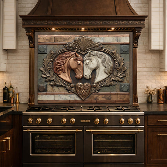 May include: A decorative kitchen range hood featuring a relief sculpture of two horses within a heart-shaped frame. The horses are bronze and white, set against a backdrop of brick and marble-like tiles. The hood is dark brown with gold accents.