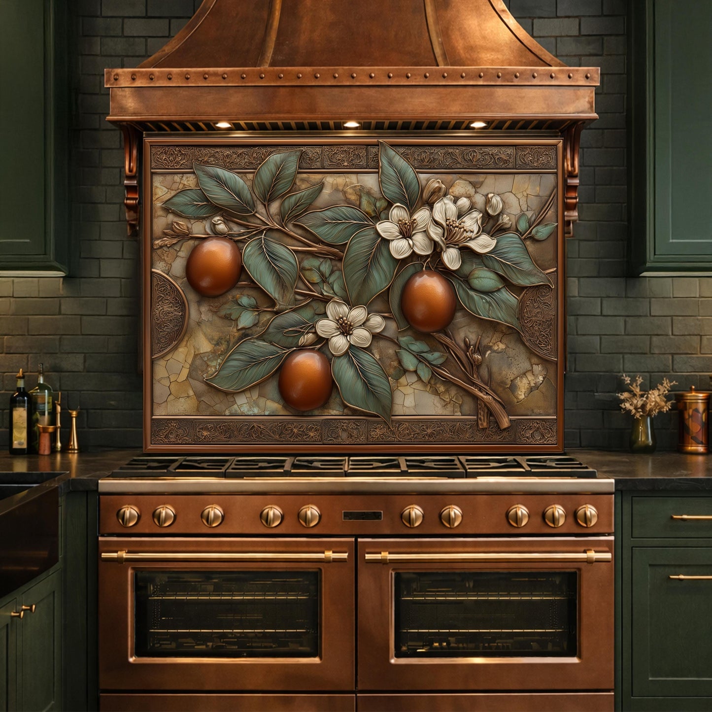 May include: A copper-colored kitchen range with a matching range hood. The hood features a decorative panel with a relief of a fruit tree branch with fruit and flowers. The kitchen cabinets are dark green.