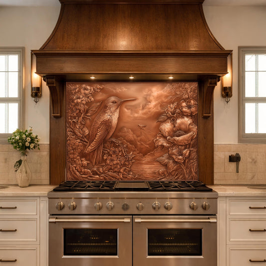 May include: A kitchen range hood with a copper-colored relief sculpture of a hummingbird, flowers, and landscape. The hood is framed by dark wood and set above a stainless steel range with multiple burners and ovens. The kitchen has white cabinets and light-colored countertops.