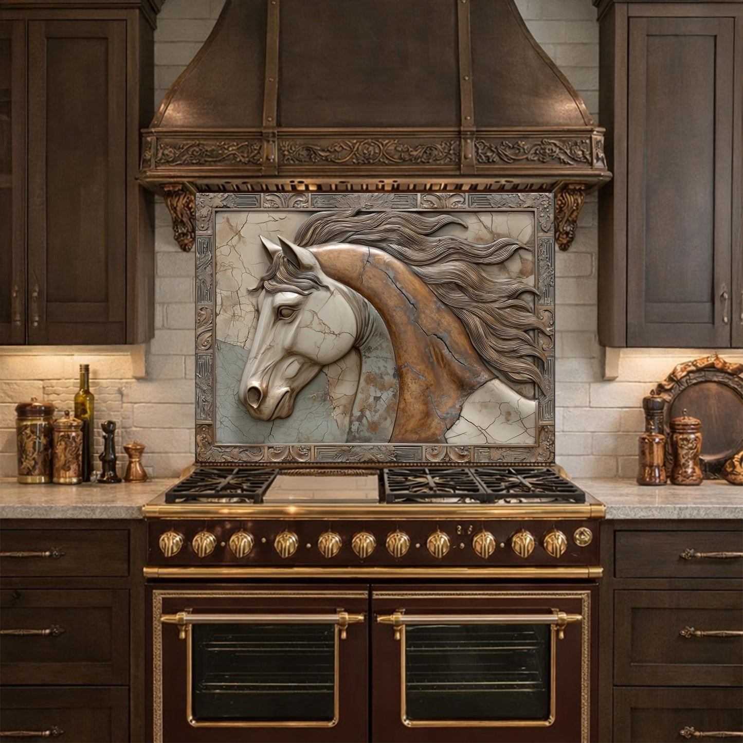 May include: A kitchen range with a dark brown finish and gold accents. Above the range is a decorative tile with a relief of a horse's head. The kitchen cabinets are dark brown.