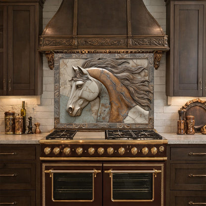 May include: A kitchen range with a dark brown finish and gold accents. Above the range is a decorative tile with a relief of a horse's head. The kitchen cabinets are dark brown.