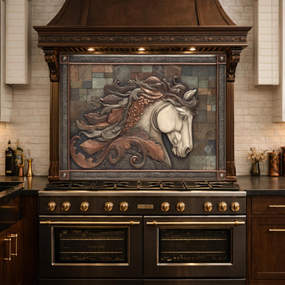 May include: A kitchen range with a dark brown finish and gold accents. Above the range is a decorative backsplash featuring a detailed relief of a horse's head in shades of brown, copper, and gray. The range hood is also dark brown with decorative trim.