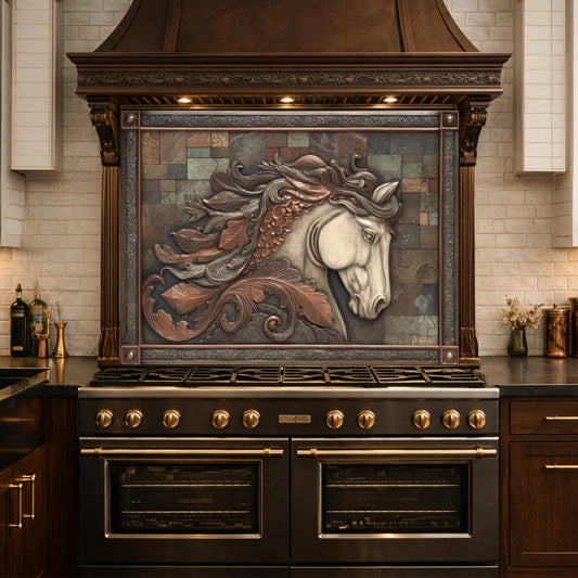 May include: A kitchen range with a dark brown finish and gold accents. Above the range is a decorative backsplash featuring a detailed relief of a horse's head in shades of brown, copper, and gray. The range hood is also dark brown with decorative trim.