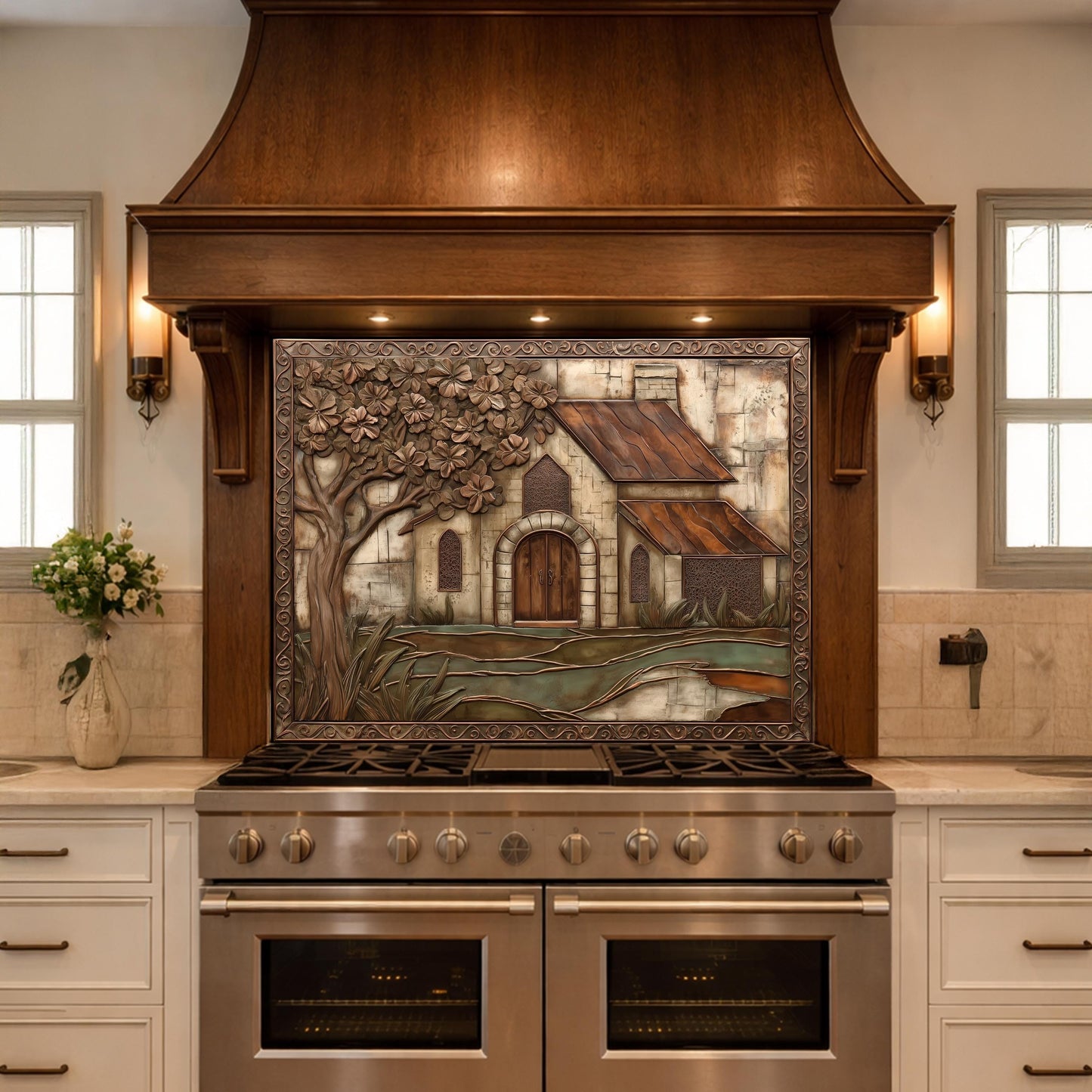 May include: A kitchen range hood with a decorative relief panel depicting a rustic house and tree scene. The panel is framed by a dark wood hood, and the stainless steel range below has multiple burners and ovens.