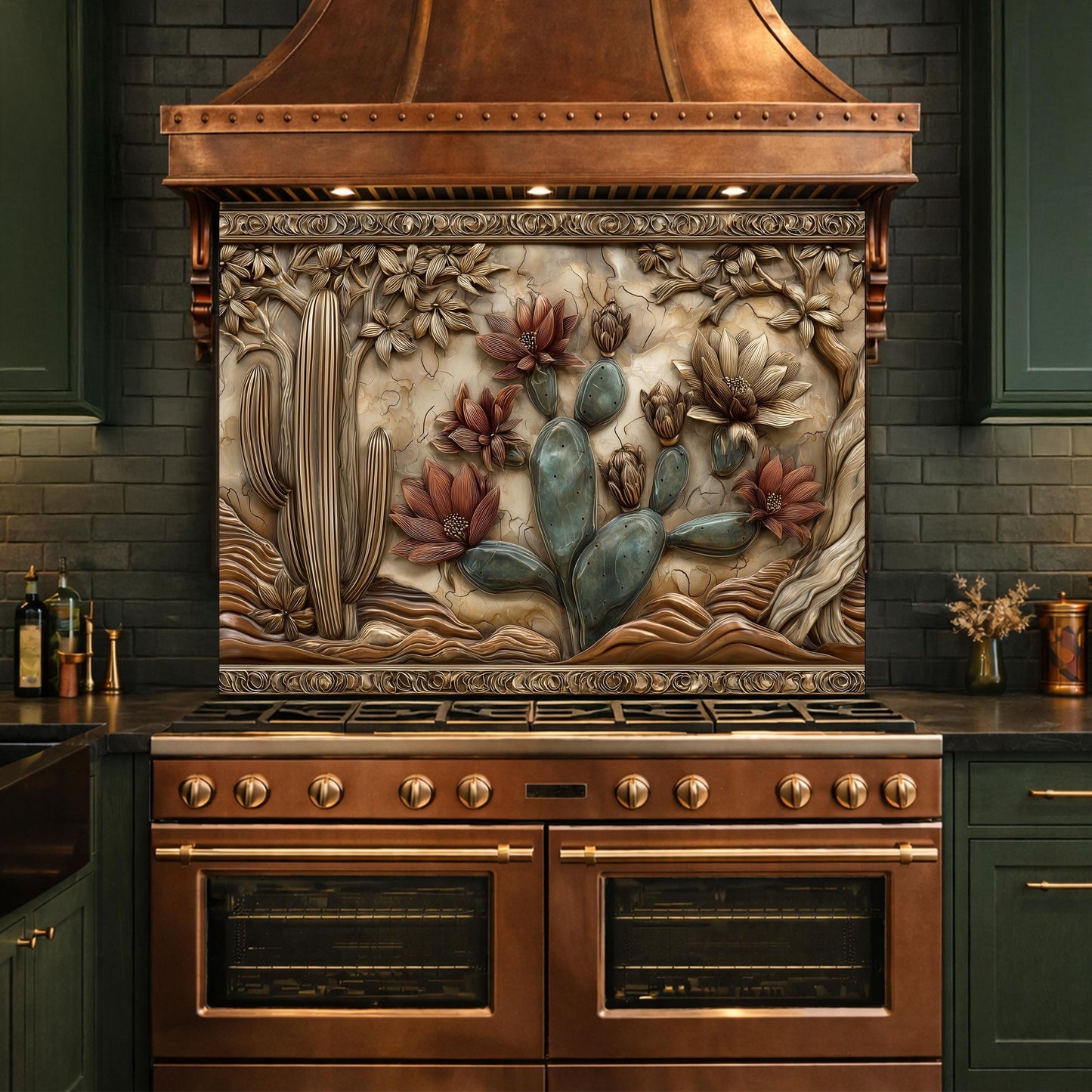 May include: A copper-toned range hood with a decorative backsplash featuring a desert landscape with cacti and flowers. The range has a matching copper finish with brass accents. The kitchen cabinets are dark green.