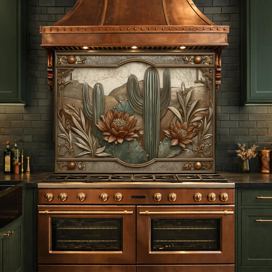 May include: A copper-colored kitchen range with a decorative backsplash featuring a desert landscape with cacti and flowers. The range has two ovens and a cooktop with multiple burners. The range hood is also copper-colored.