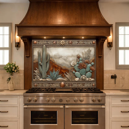May include: A kitchen range hood with a decorative tile backsplash featuring a desert landscape with cacti and succulents. The hood is made of dark wood and the range is stainless steel.