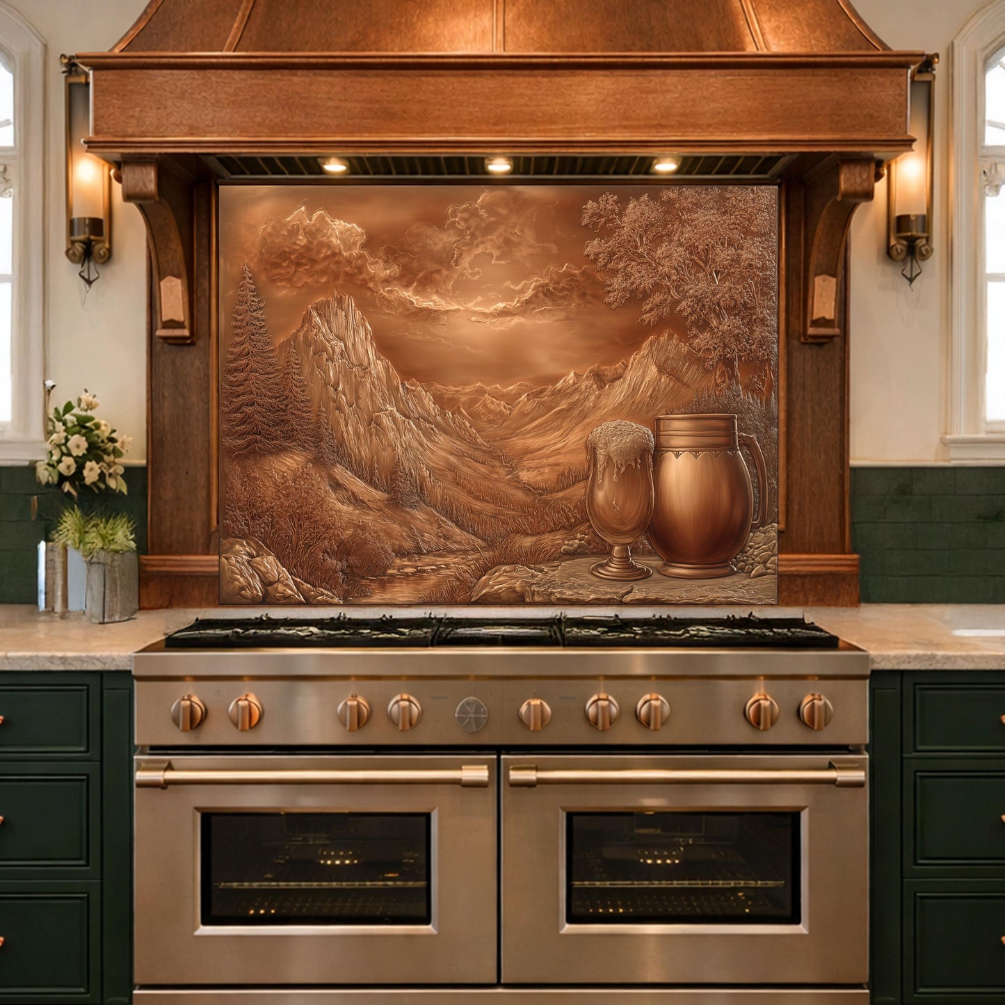 May include: A copper-toned kitchen backsplash featuring a mountain landscape scene with a beer glass and pitcher. The backsplash is mounted above a stainless steel range with a wooden range hood.