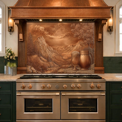May include: A copper-toned kitchen backsplash featuring a mountain landscape scene with a beer glass and pitcher. The backsplash is mounted above a stainless steel range with a wooden range hood.
