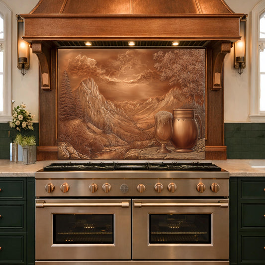May include: A copper-toned kitchen backsplash featuring a mountain landscape scene with a beer glass and pitcher. The backsplash is mounted above a stainless steel range with a wooden range hood.