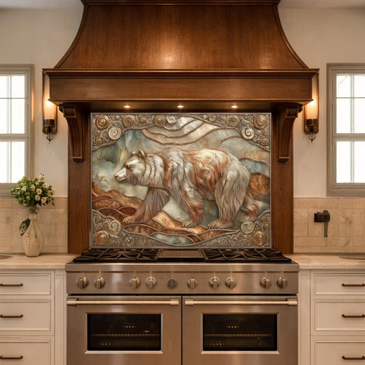 May include: A kitchen backsplash featuring a detailed relief sculpture of a bear in shades of brown, white, and gray. The artwork is set within a decorative frame and mounted above a stainless steel range.