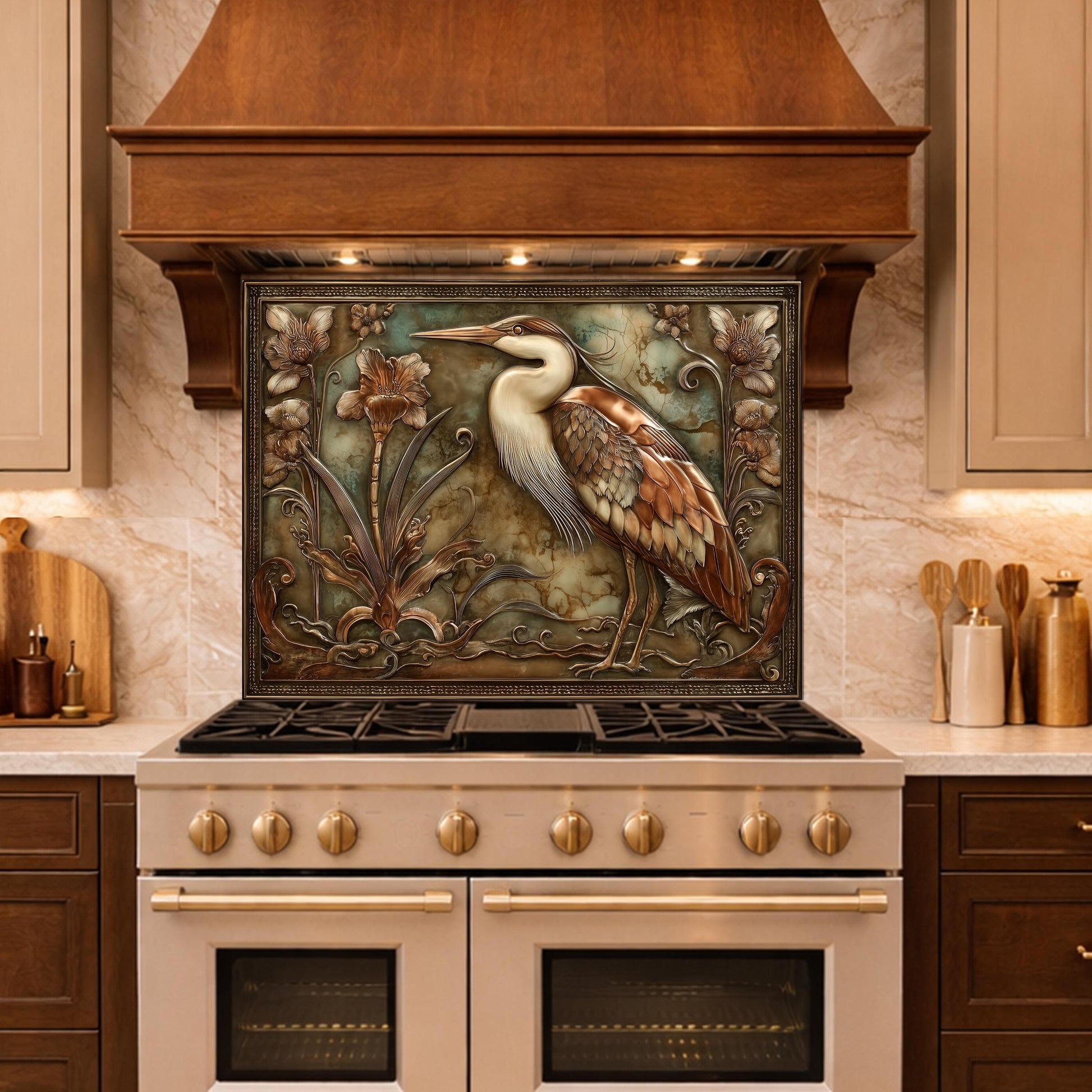 May include: A decorative kitchen backsplash featuring a detailed illustration of a heron. The bird is depicted with brown, white, and tan feathers, standing amidst floral elements. The backsplash is framed and installed above a gas range.