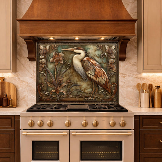 May include: A decorative kitchen backsplash featuring a detailed illustration of a heron. The bird is depicted with brown, white, and tan feathers, standing amidst floral elements. The backsplash is framed and installed above a gas range.