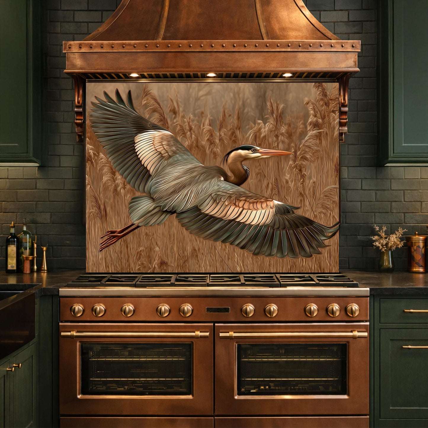 May include: A copper-colored range and hood with a backsplash featuring a heron in flight over tall grass. The kitchen has dark green cabinets and a dark brick wall. The range has six burners and two ovens.