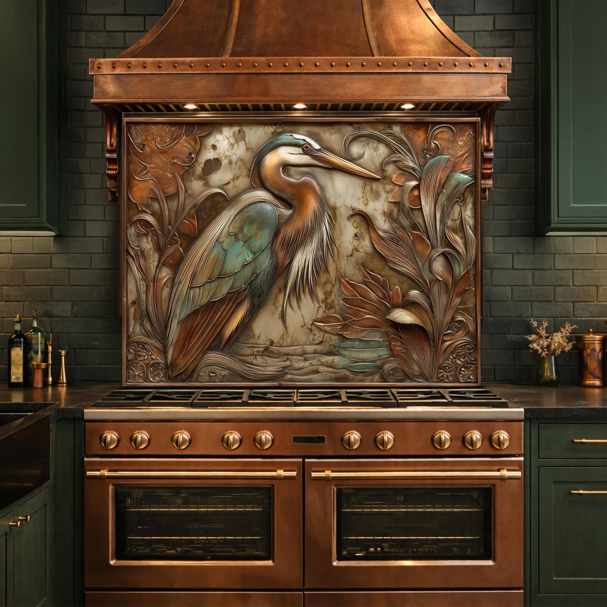 May include: A copper range hood with a decorative panel featuring a heron and foliage. The range has a copper finish with brass accents and a matching oven. The kitchen has dark green cabinets and a dark brick backsplash.