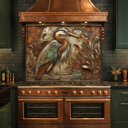 May include: A copper range hood with a decorative panel featuring a heron and foliage. The range has a copper finish with brass accents and a matching oven. The kitchen has dark green cabinets and a dark brick backsplash.