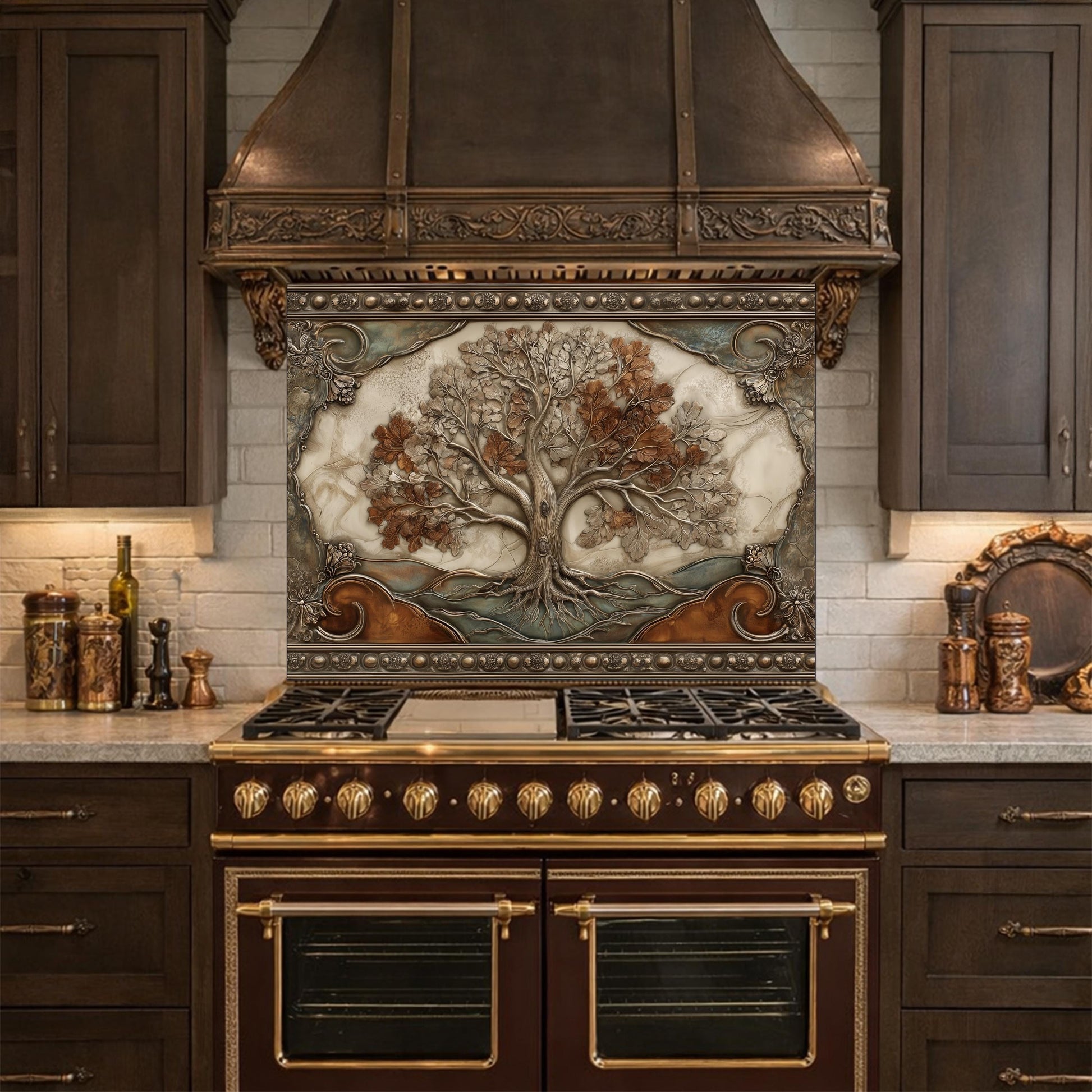 May include: A kitchen with a dark brown range and oven, a decorative range hood, and dark brown cabinets. The range hood features a detailed tree design in shades of brown, copper, and gray. The kitchen has a luxurious, high-end aesthetic.