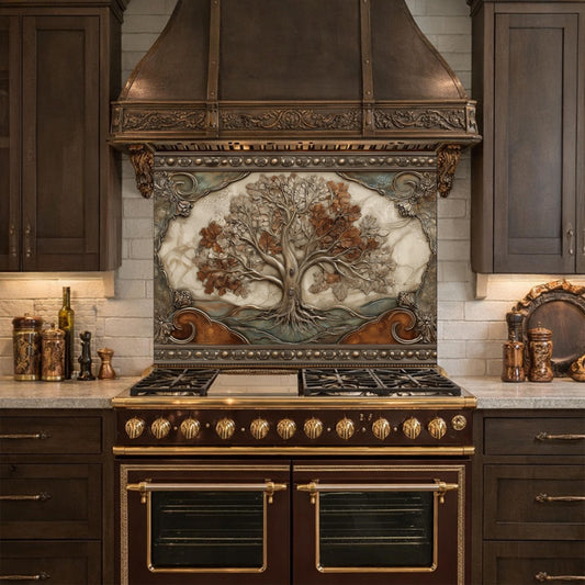 May include: A kitchen with a dark brown range and oven, a decorative range hood, and dark brown cabinets. The range hood features a detailed tree design in shades of brown, copper, and gray. The kitchen has a luxurious, high-end aesthetic.