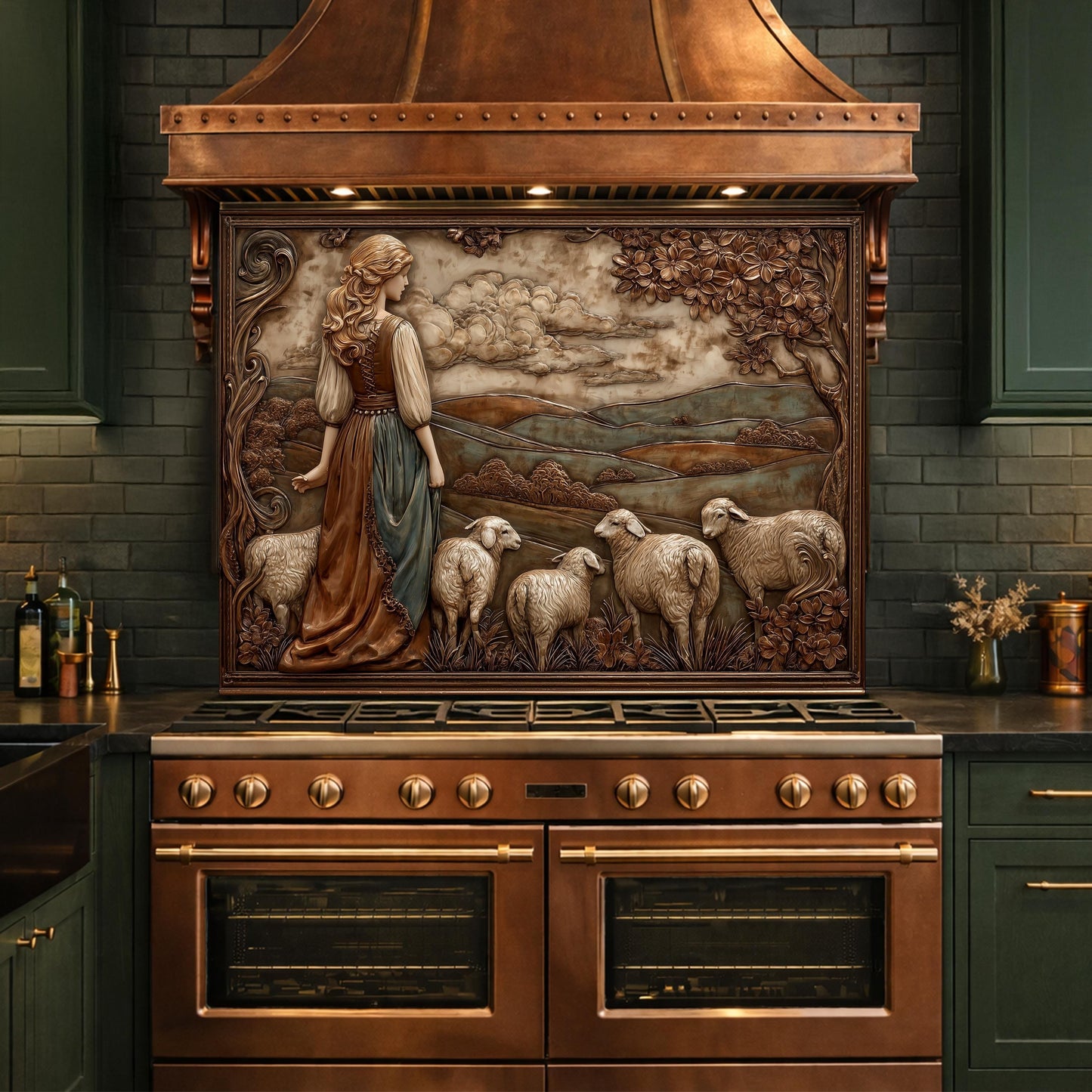 May include: A copper-colored range hood with a decorative relief panel depicting a woman and sheep in a pastoral scene. The range hood is installed above a copper-colored oven with brass accents, set against a dark green brick wall and cabinets.