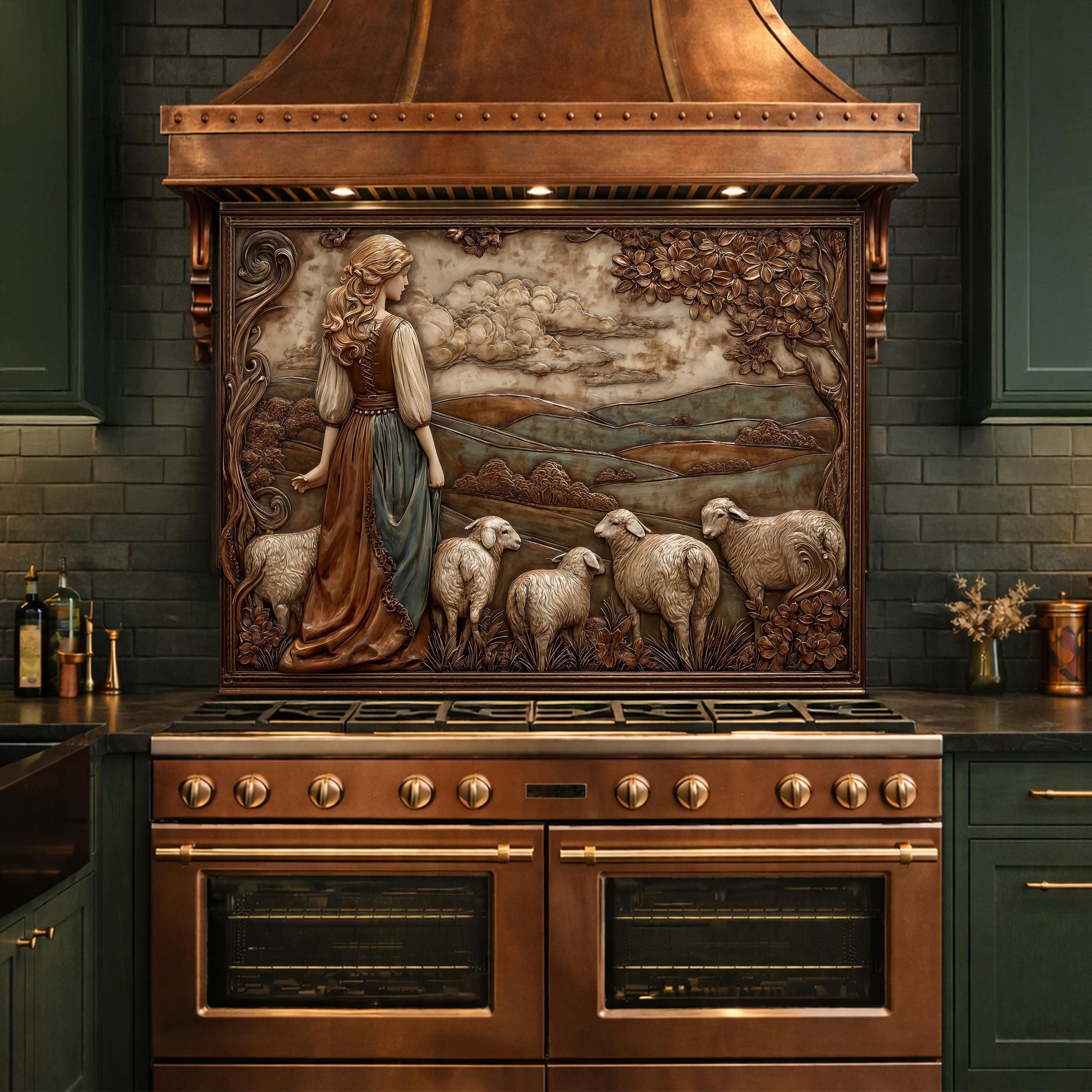 May include: A copper-colored range hood with a decorative relief panel depicting a woman and sheep in a pastoral scene. The range hood is installed above a copper-colored oven with brass accents, set against a dark green brick wall and cabinets.