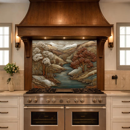 May include: A kitchen with a stainless steel range and a wooden range hood. The hood features a landscape mural with a river, trees, and mountains. The cabinets are white, and the walls are a light beige.