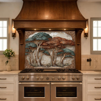 Ethereal Blue Waves with Golden Mountain Peaks Kitchen Backsplash, Glass Stove Guard