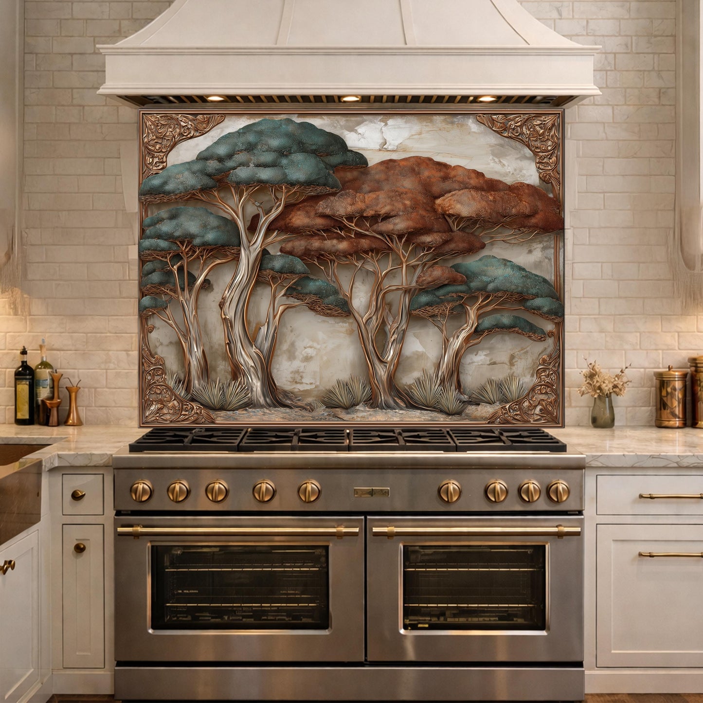 Ethereal Blue Waves with Golden Mountain Peaks Kitchen Backsplash, Glass Stove Guard